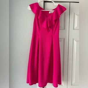 Eliza J Bright Pink Perforated Flare Dress Ruffle Neck - Size 2